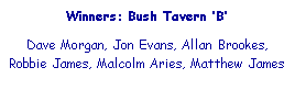 Text Box: Winners: Bush Tavern �B�
&nbsp;
Dave Morgan, Jon Evans, Allan Brookes, Robbie James, Malcolm Aries, Matthew James
