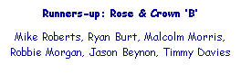 Text Box: Runners-up: Rose & Crown �B�
&nbsp;
Mike Roberts, Ryan Burt, Malcolm Morris, Robbie Morgan, Jason Beynon, Timmy Davies
